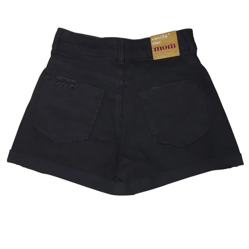 Vanilla Star Super High Rise Tapered Leg Distressed Black Denim Mom Shorts